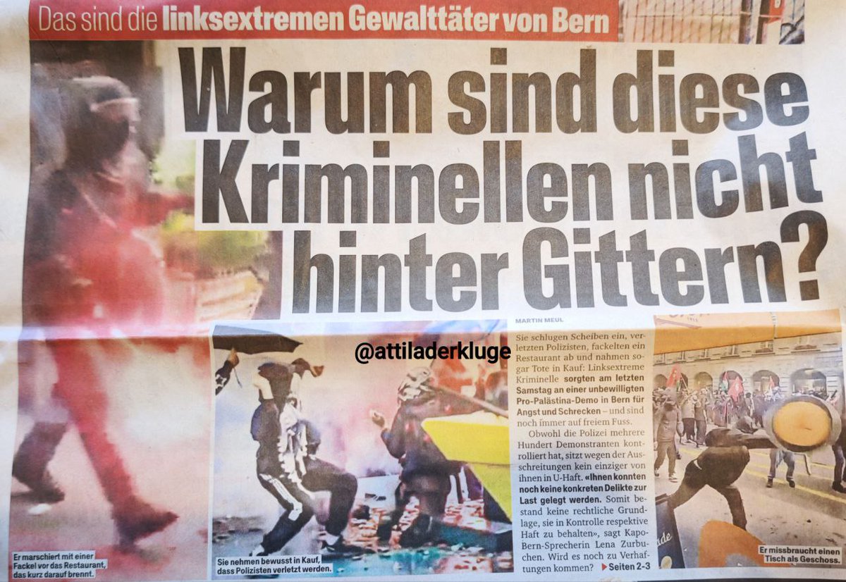 Bei den extrem gewalttätigen Ausschreitungen des linksextremen Saupacks von letzten Samstag in Bern wurden mehr als 500 Personen von der Polizei kontrolliert, aber niemand dieser Terroristen und Mitläufer wurde in Untersuchungshaft genommen. Die rechtlichen Grundlagen dazu
