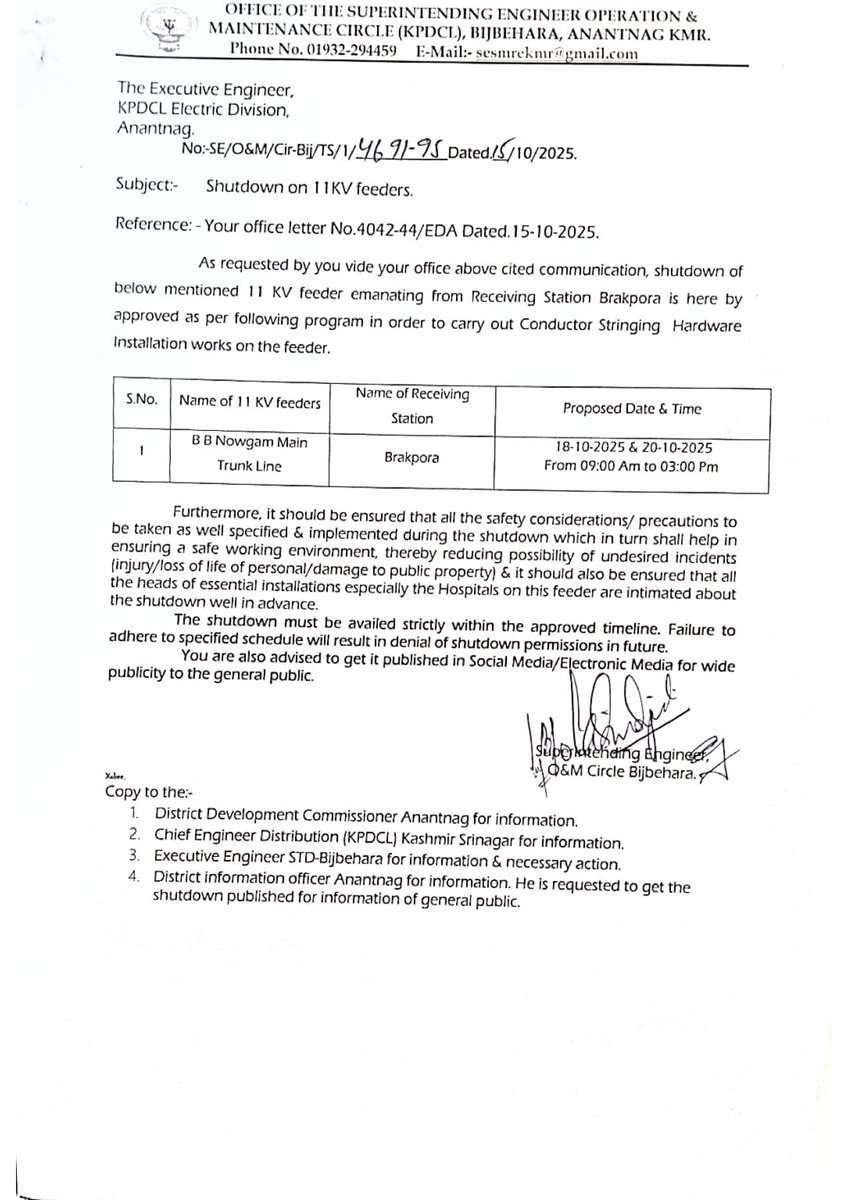 SHUTDOWN OF 11KV FEEDER OF DISTRICT ANANTNAG