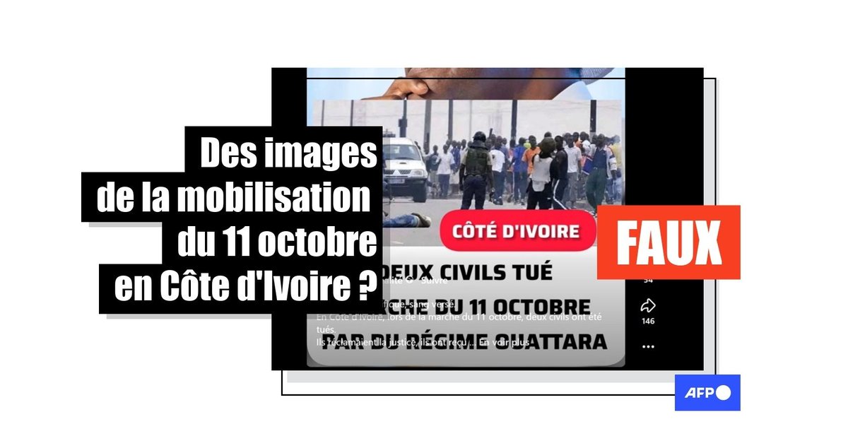🇨🇮 Des photos montrant deux personnes mortes, un bébé décédé ou des incendies lors de la manifestation d'opposition samedi à Abidjan ? 

❌ Faux : ces images datent de plusieurs années. Leur utilisation vise à "déstabiliser" le scrutin, selon un expert ⤵️

u.afp.com/SsZf