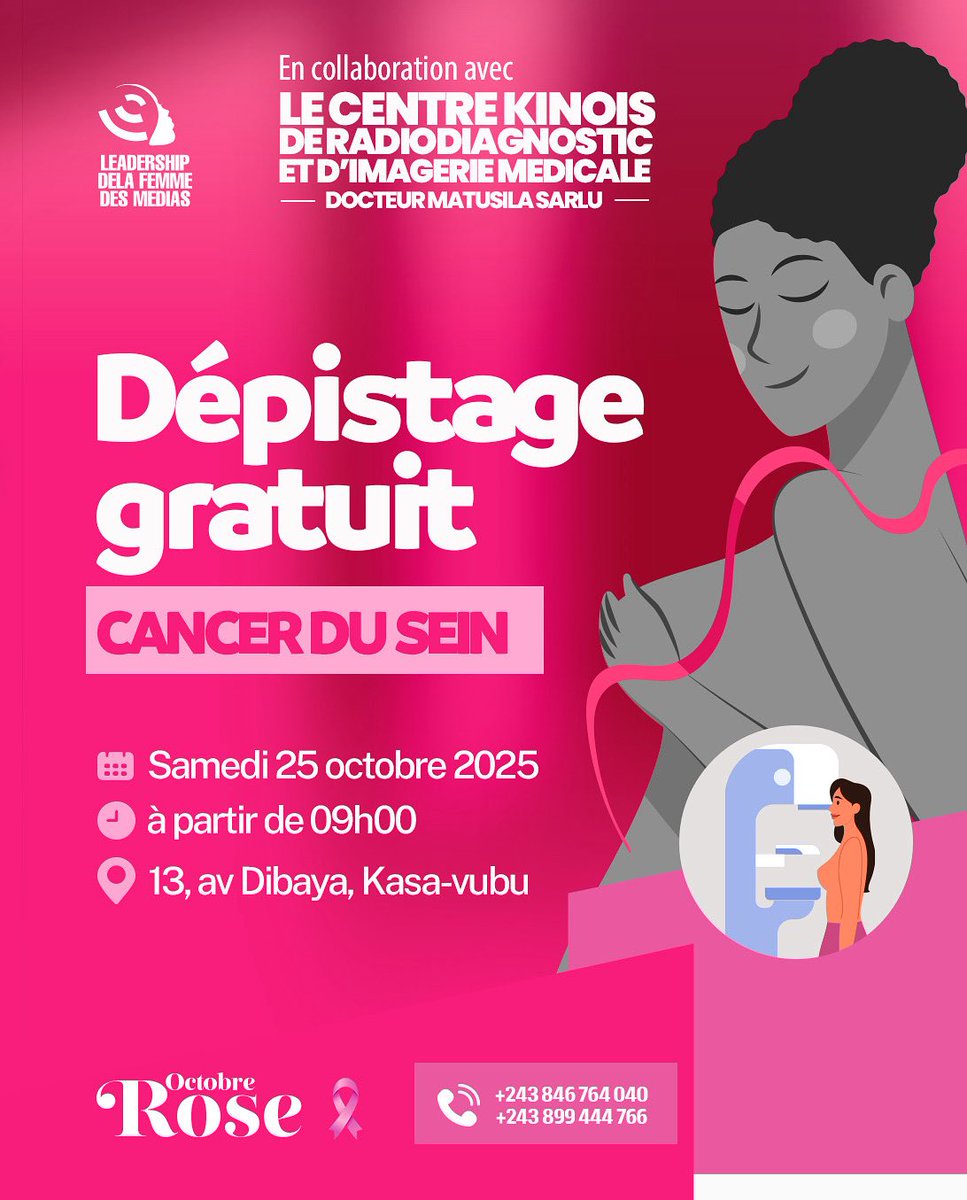 🎗️ 𝗖𝗔𝗡𝗖𝗘𝗥 𝗗𝗨 𝗦𝗘𝗜𝗡 : 𝗗𝗘́𝗣𝗜𝗦𝗧𝗔𝗚𝗘 𝗚𝗥𝗔𝗧𝗨𝗜𝗧 𝗔𝗩𝗘𝗖 𝗟𝗙𝗠 ! 🎀

Nous organisons un dépistage gratuit avec le CKR/Dr MATUSILA. 

Samedi 25 octobre 2025 | 09h00 | 13,avenue Dibaya, Kasa-Vubu

Réserver obligatoirement au

+243 846 764 040 | +243 899 444 766