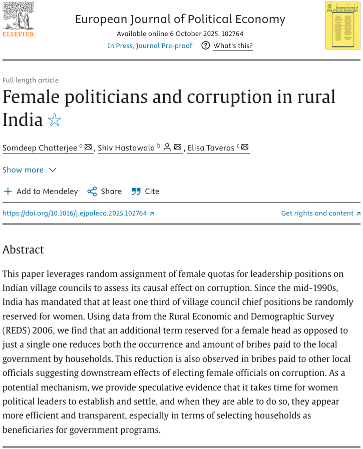 shivhastawala's tweet image. #econtwitter
PUBLICATION ALERT!
My article, written with my esteemed co-authors Somdeep Chatterjee and Elisa Taveras, has been accepted at a category A journal: The European Journal of Political Economy!
doi.org/10.1016/j.ejpo…