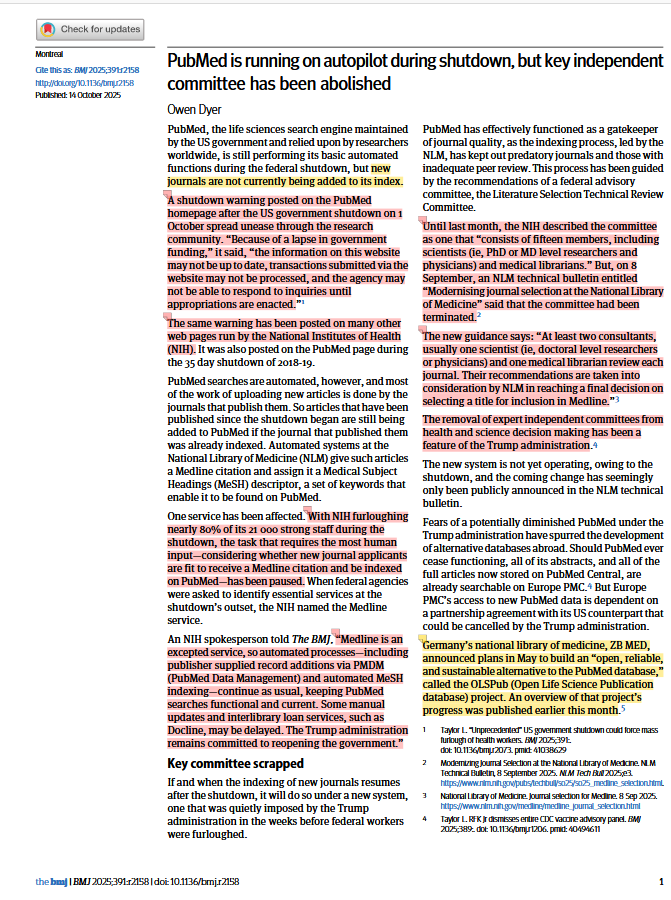 ¿Has 👁️ la advertencia de cierre en la página de #PubMed tras el cierre del gobierno EEUU el 1/10?
La #Biblioteca Nacional de Medicina de Alemania anunció en mayo el proyecto OLSPub “alternativa abierta, confiable y sostenible a la base de datos PubMed”
🔗bmj.com/content/391/bm…