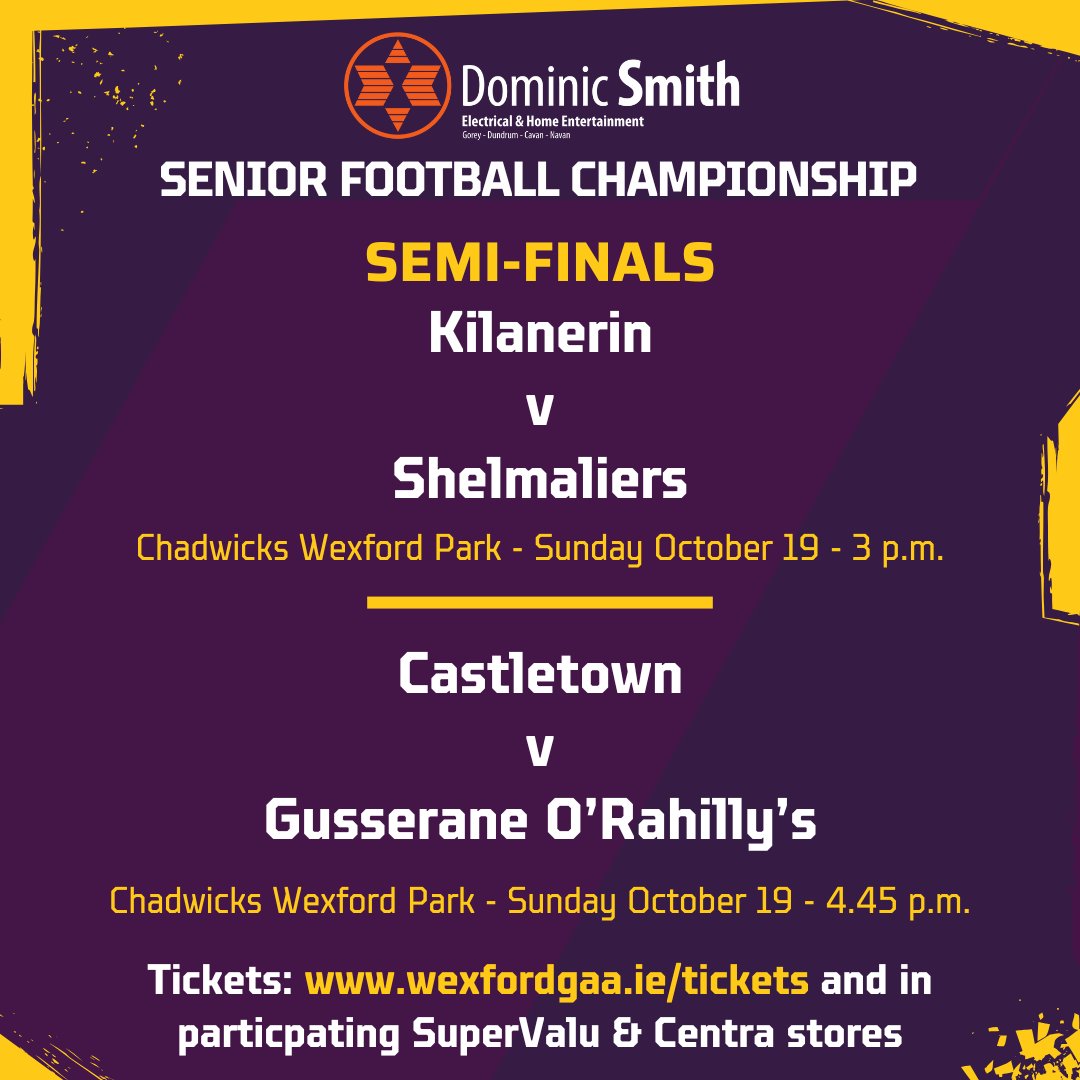 OfficialWexGAA's tweet image. We&apos;re down to the final four in this year&apos;s @DominicSmith06 Senior Football Championship, and by Sunday evening, the finalists will be known. Be there to see who they&apos;ll be!

Adult &amp;amp; OAP tickets on sale via wexfordgaa.ie/tickets/ and in participating SuperValu &amp;amp; Centra stores.…