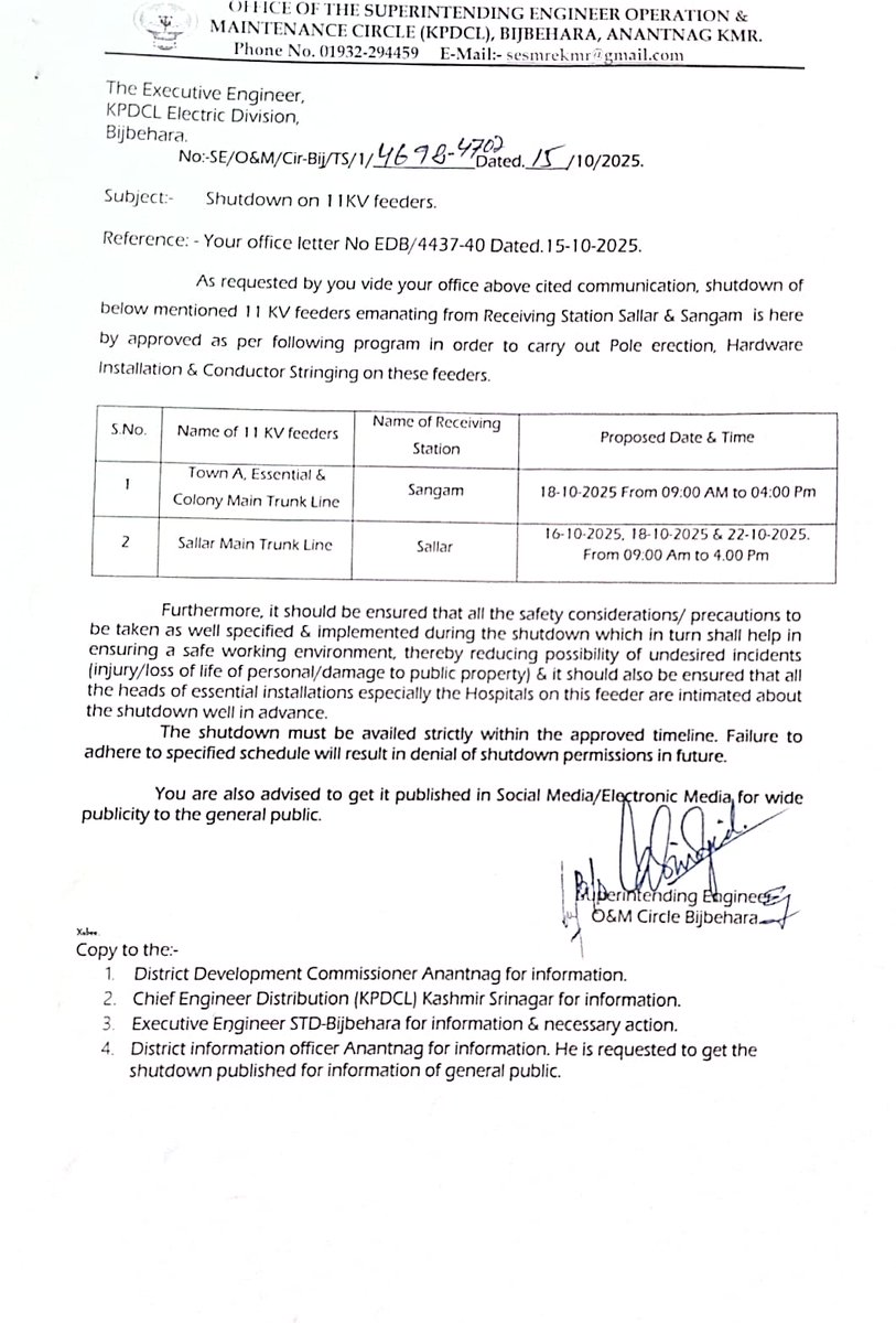 Shutdown of 11kv Feeders in district Anantnag