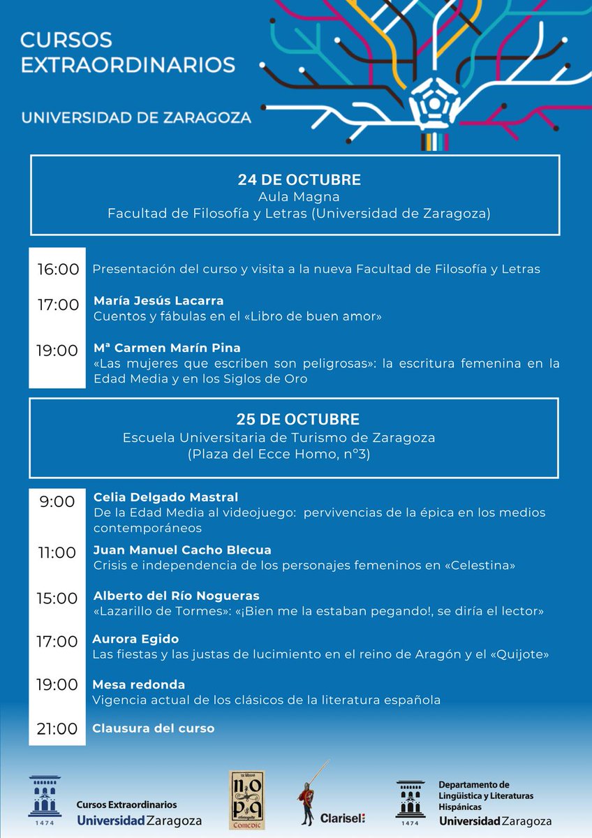 Atencion: cambio de ubicación:
Será en la Facultad de Filosofía y Letras de Zaragoza (viernes,  24 de octubre,  por la tarde) y en la Escuela Universitaria de Turismo (sábado,  25). Hay precio especial para estudiantes de grado y máster.