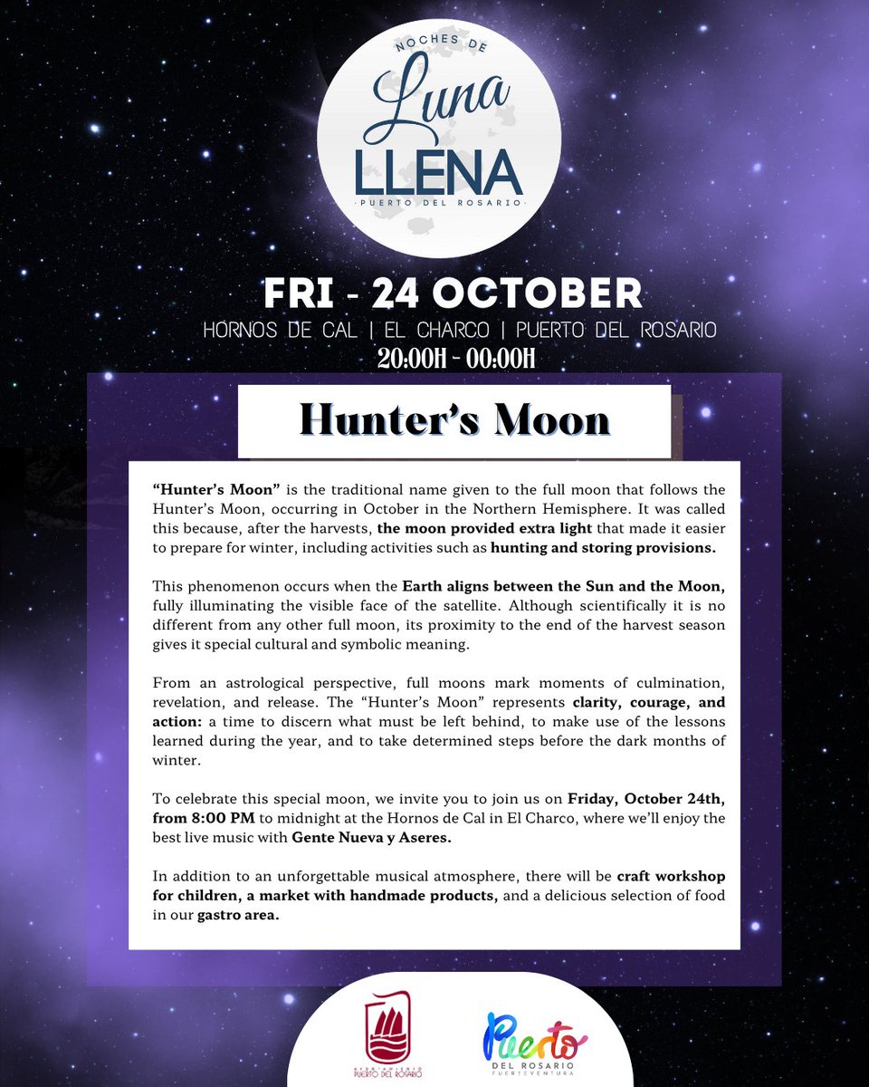 🌕 ¡La Luna Llena del Cazador⚡ ya se prepara para brillar! 🎶

Prepárate para una noche mágica con:
✨ Talleres infantiles
🛍 Mercado artesanal
🍔 Zona gastronómica
🎶 Música en vivo con Gente Nueva y Aseres
📆 24 de octubre | Desde las 20:00 h
📍 Hornos de Cal – El Charco