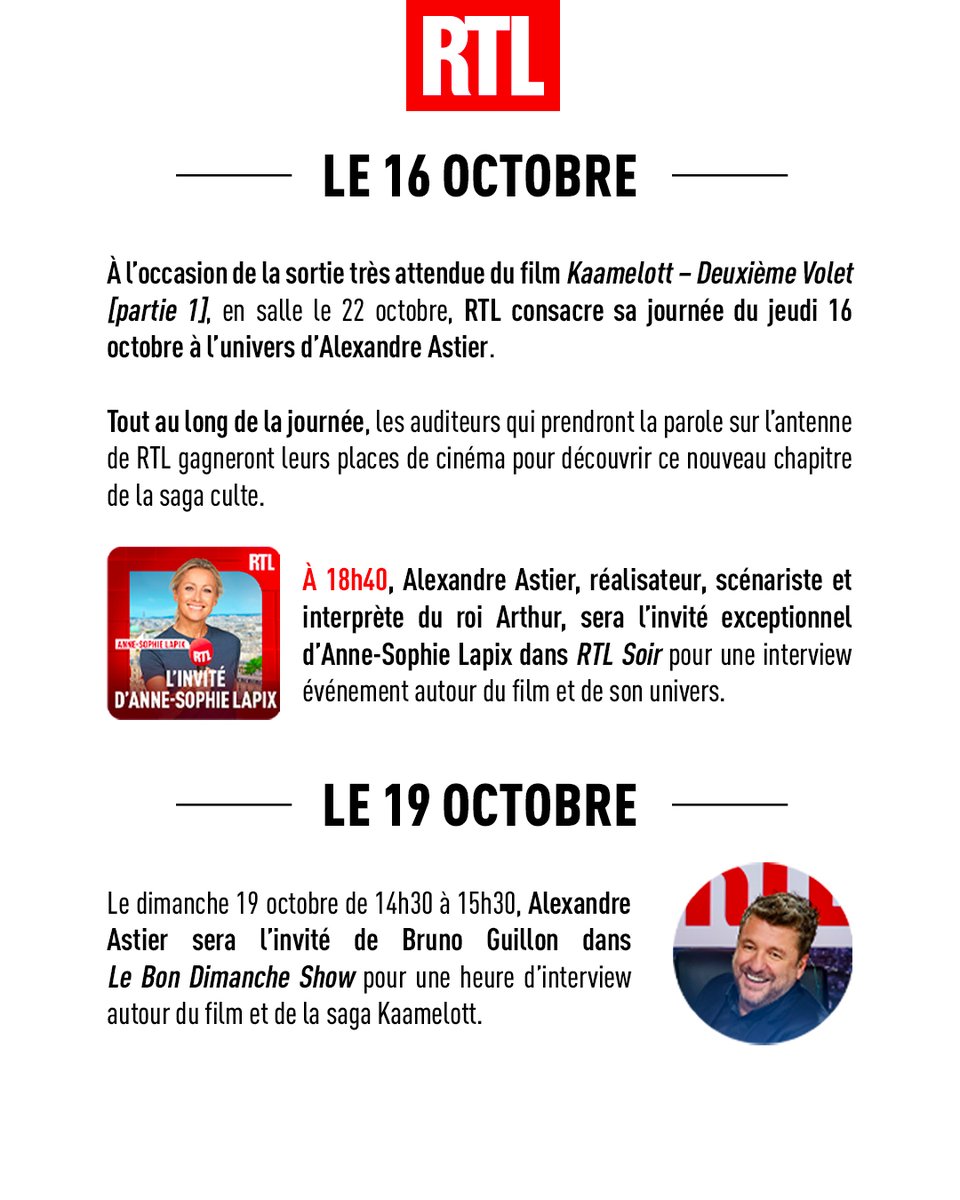 🎬🎙️🏰À l'occasion de la sortie très attendue du film #KaamelottDeuxiemeVolet (partie 1) en salle le 22 octobre, #RTL consacre sa journée du 16 octobre à l'univers d'Alexandre Astier ! Il sera l'invité d'Anne-Sophie Lapix dans #RTLSoir
Le 19 octobre, il sera dans