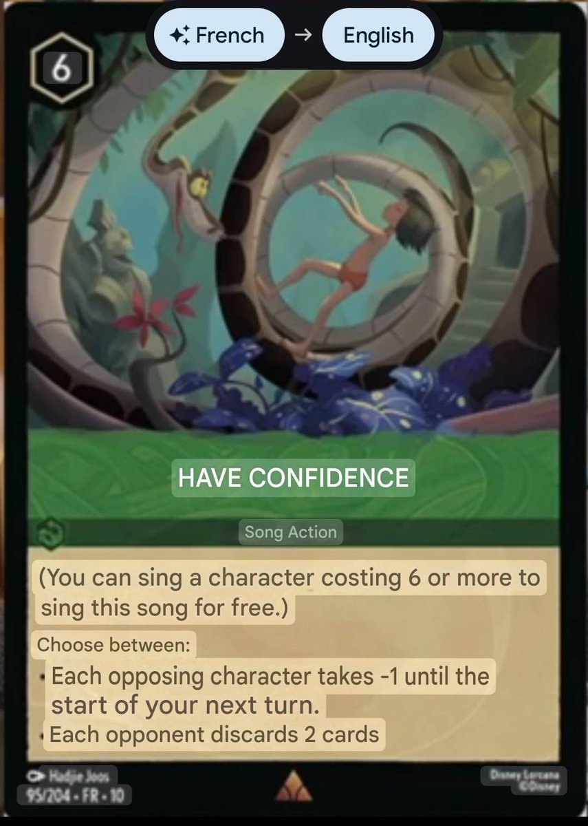Mowgli on a card!
Revealed on Twitch.
6 cost song you can choose to reduce the Lore opposing characters can quest for by a turn or make the opponent discard 2 cards.
Seems solid. 

twitch.tv/val_pl_magicar…