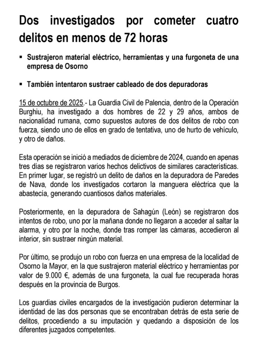 🚨 Dos investigados por cometer cuatro delitos en menos de 72 horas.

#guardiacivilpalencia 
#SeguridadCiudadana 
#robo