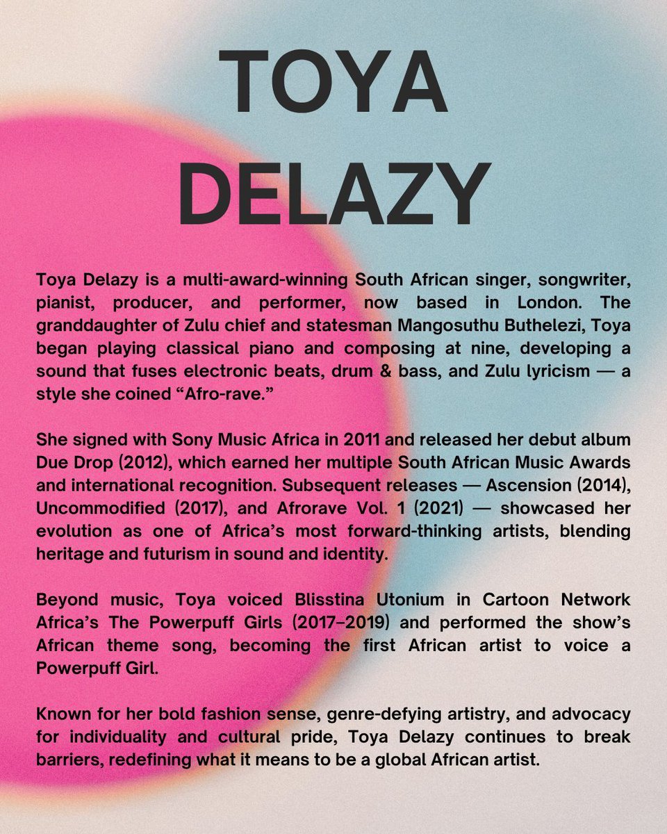 The 8th Annual South African Independent Film Festival Juror #10

Toya Delazy - @toyadelazy 
Singer/Musician/Voice Artist
The Powerpuff Girls