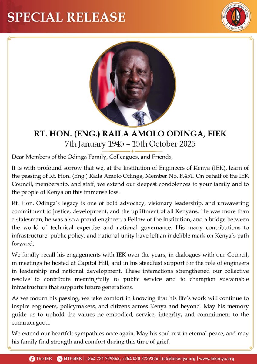 CONDOLENCE MESSAGE BY THE INSTITUTION OF ENGINEERS OF KENYA (IEK) ON THE PASSING OF THE RT. HON. (ENG.) RAILA AMOLO ODINGA, FIEK.