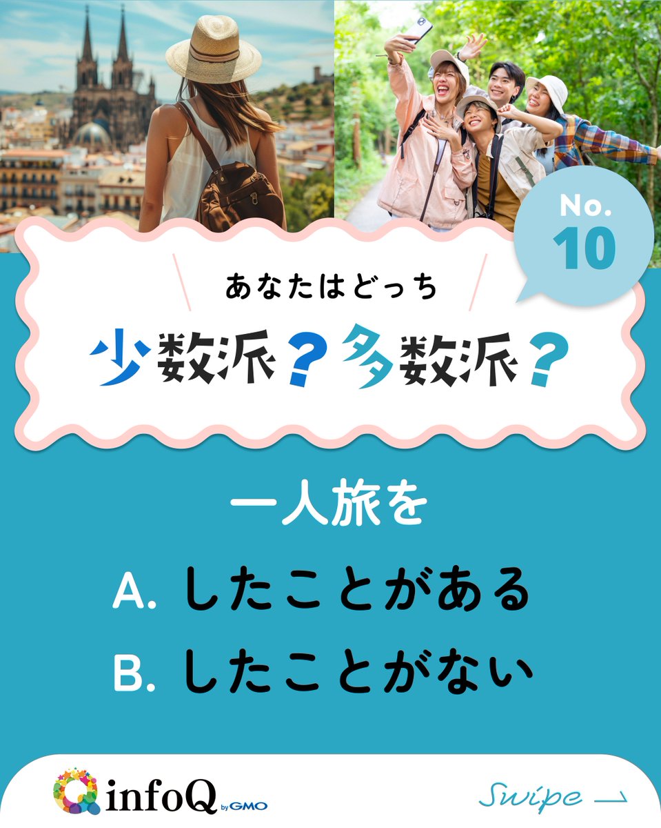 infoq_jp's tweet image. 秋といえば旅行🚙ということで、
今回は旅に関する調査結果を公開!
今日の2択は、「一人旅したことがある?ない?」です!
あなたは多数派・少数派どちらでしょうか!
#infoQ #一人旅 #旅