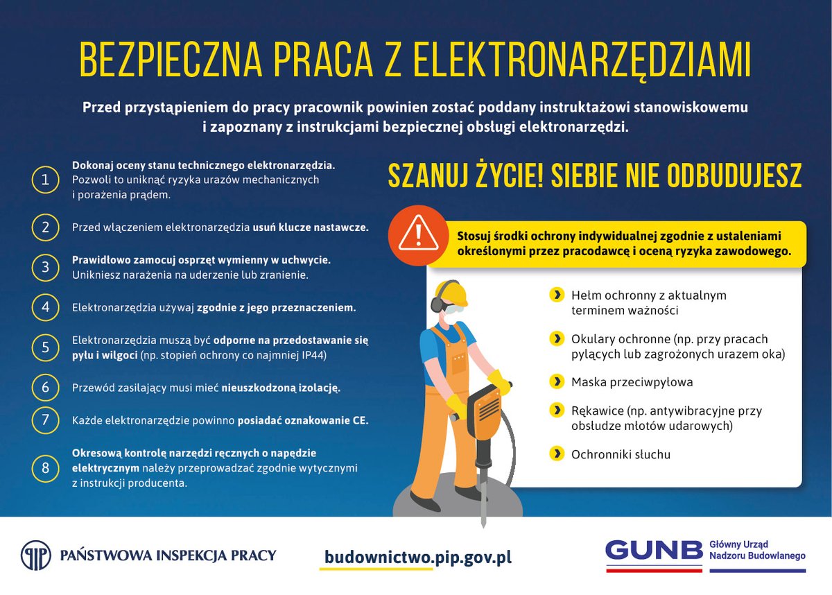 „Bezpieczna budowa” to akcja <a href="/GUNB_Urzad/">Główny Urząd Nadzoru Budowlanego</a> i <a href="/pipgip/">Główny Inspektorat Pracy</a>  skierowana do branży budowlanej.
Część 9: Bezpieczna praca z elektronarzędziami.
➡️zapraszamy w środy
Udostępnij, jeśli pracujesz w branży budowlanej.
👉Więcej na LinkedIn linkedin.com/feed/update/ur…