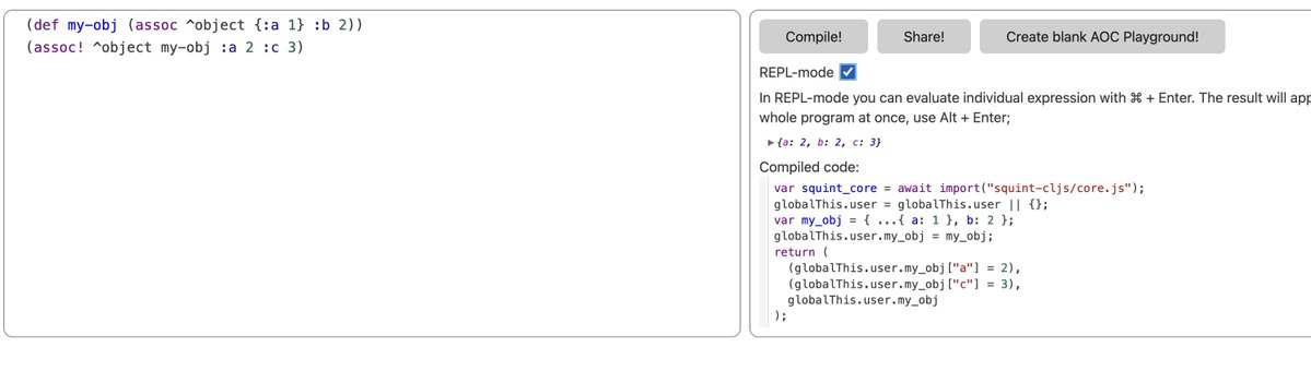 borkdude's tweet image. Small tweak to #squintcljs. When using ^object type hints, assoc and assoc! compile down direct object manipulation without calling into the stdlib
squint-cljs.github.io/squint/?src=KG…
#clojure #clojurescript