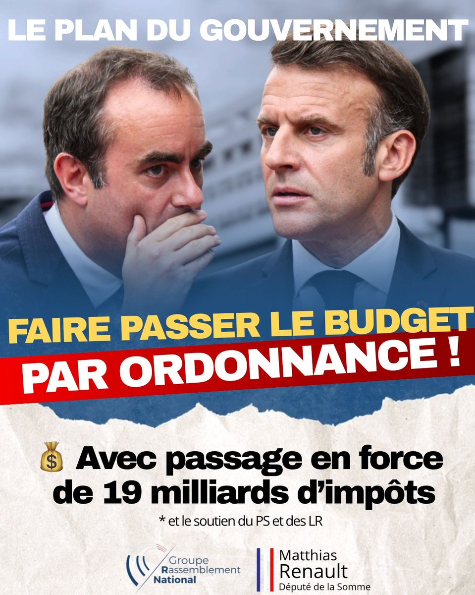 🔴Un budget par ordonnance, le plan du Gouvernement ?

🧵Un fil détaillé sur ce scénario désormais probable 👇

Etape 1 : un accord de non-agression avec #LR et le #PS, pour débuter la procédure budgétaire.

Côté LR, seule la peur de la dissolution aura suffi à céder.

Côté PS,