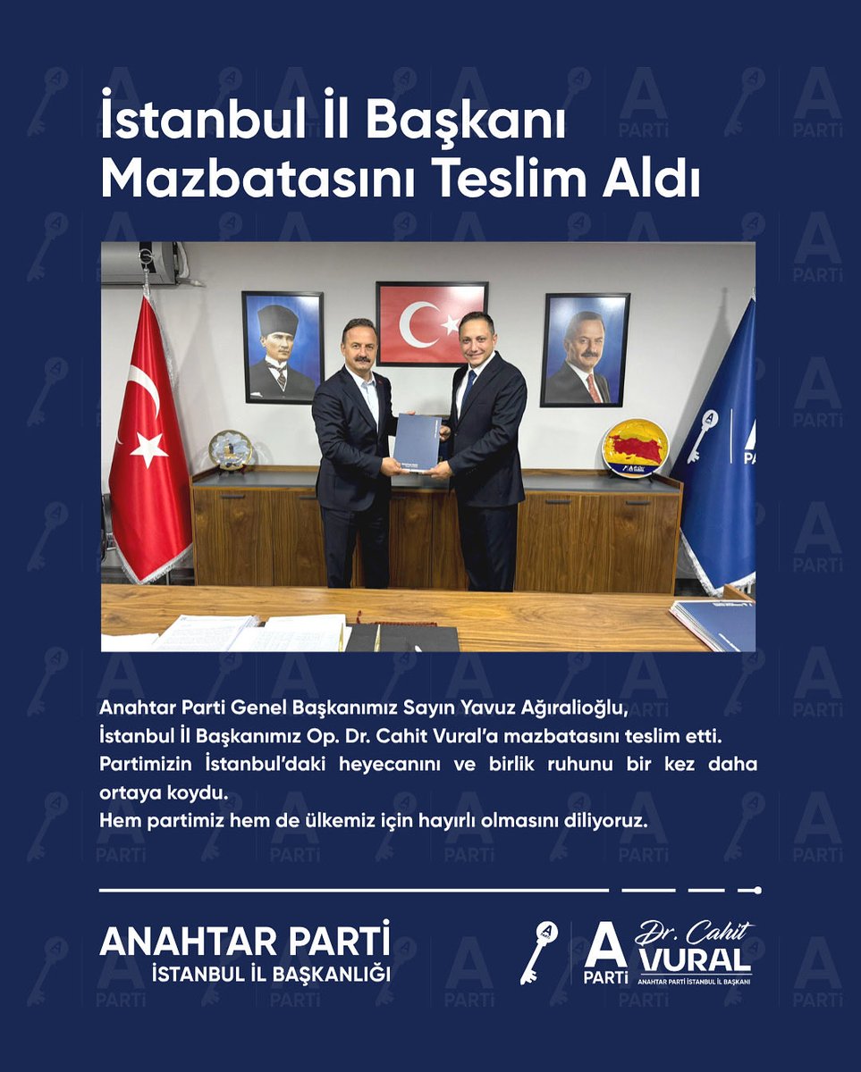 Anahtar Parti Genel Başkanımız Sayın Yavuz Ağıralioğlu,
İstanbul İl Başkanımız Op. Dr. Cahit Vural’a mazbatasını teslim etti.
Partimizin İstanbul’daki heyecanını ve birlik ruhunu bir kez daha ortaya koydu.
Hem partimiz hem de ülkemiz için hayırlı olmasını diliyoruz.