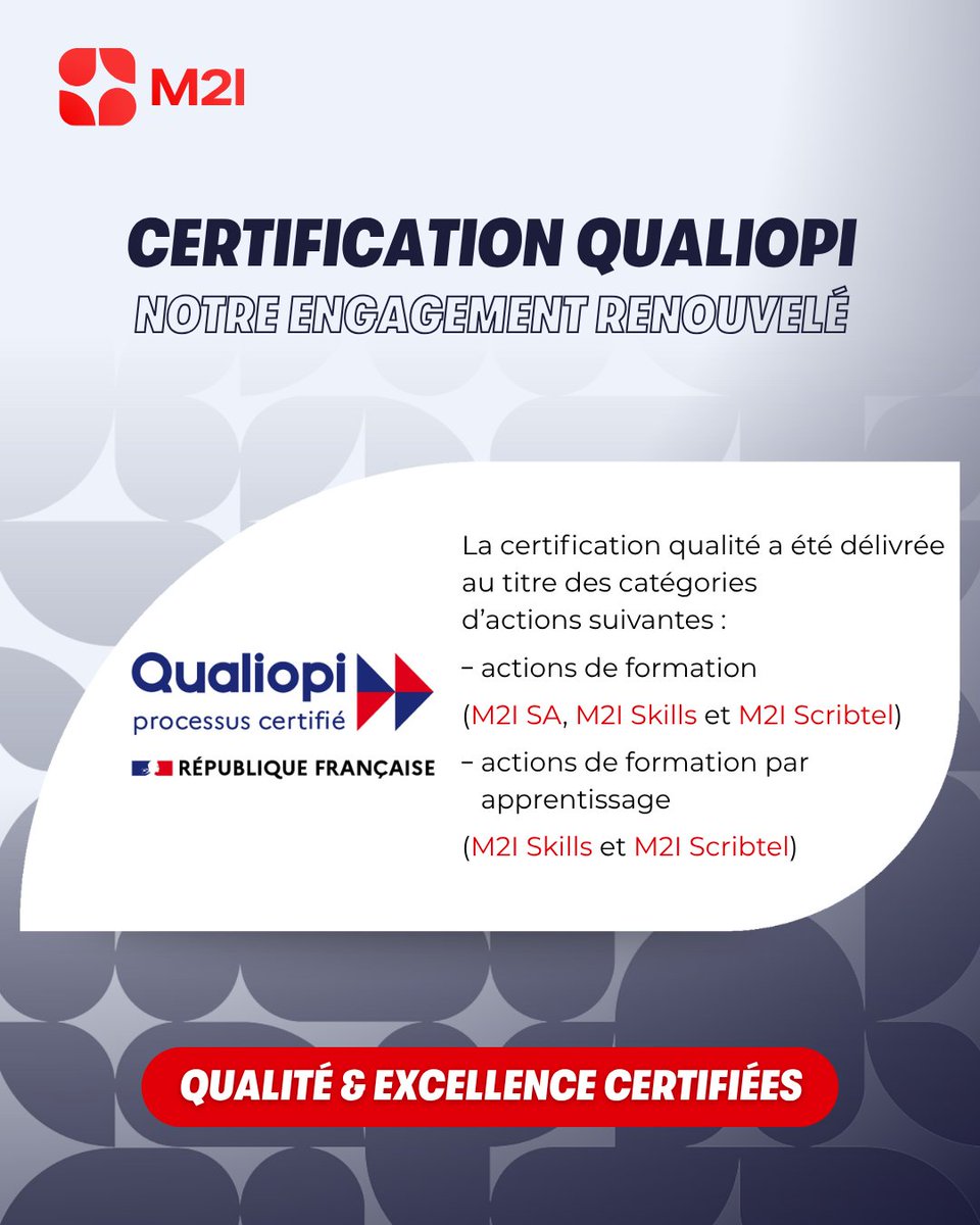 🏆 Certification Qualiopi : notre engagement renouvelé !

Nous sommes fiers d'annoncer le maintien de notre certification Qualiopi pour M2I SA et sa filiale M2I Scribtel après nos audits de surveillance du 17 au 26 septembre 2025 !

#M2I #Qualiopi #Qualité