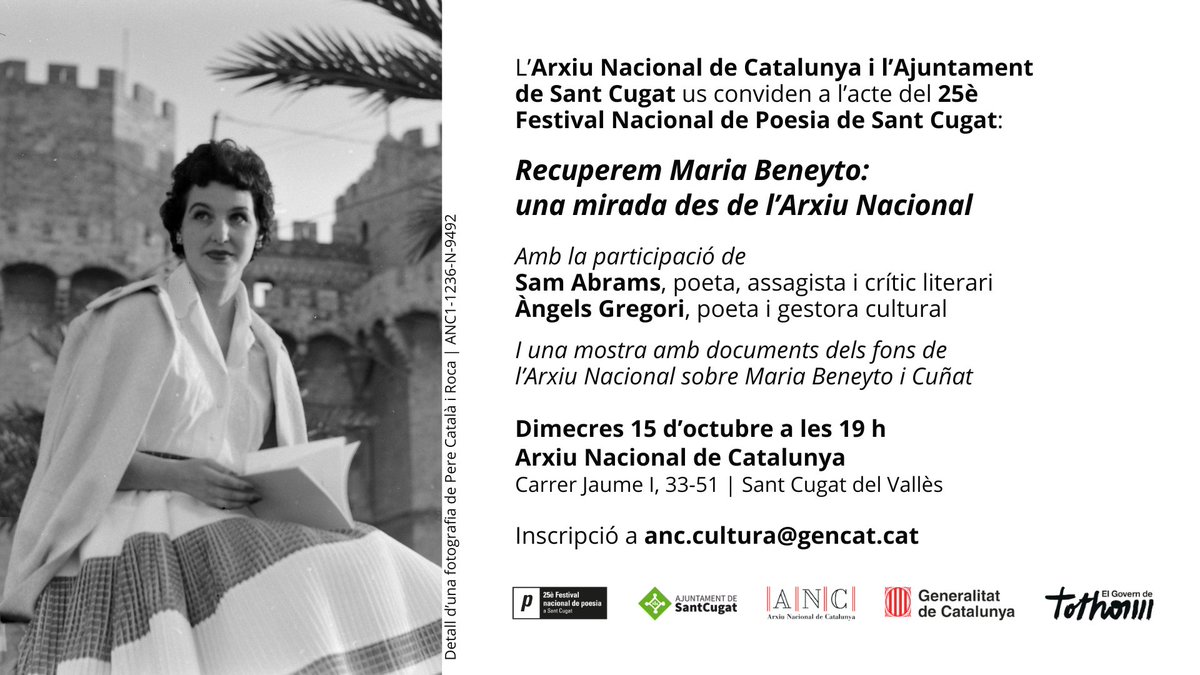 #FNP25 💬| En el marc de les activitats del Festival Nacional de Poesia a Sant Cugat, hem preparat una vetllada molt especial, dedicada a una dona valenta, la poeta valenciana Maria Beneyto i Cuñat 👩🏻

👌 T'esperem avui a les 19 h a l’<a href="/arxiunacional/">Arxiu Nacional</a> ❗

ℹ️ tuit.cat/d6TUJ