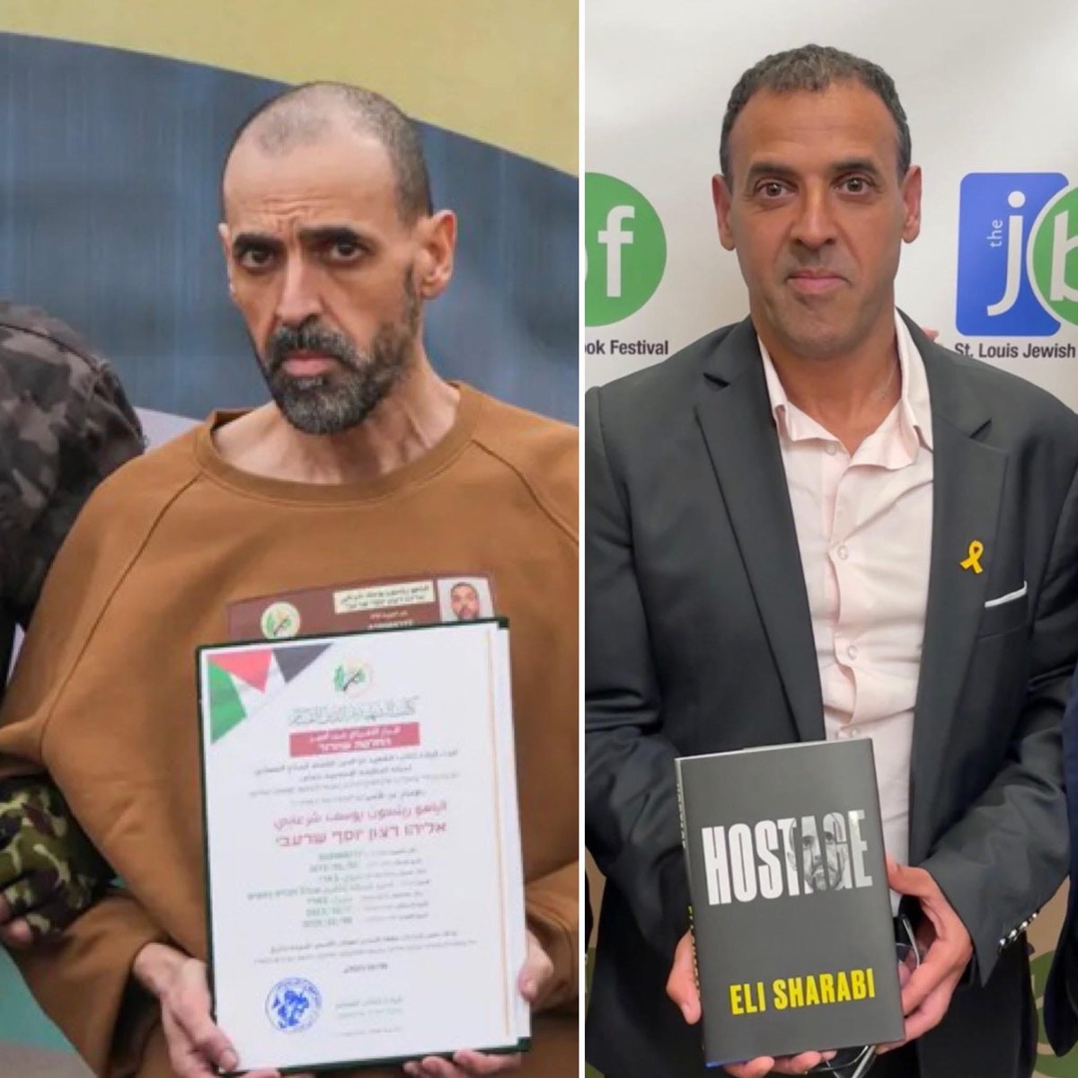 On the left is a photo of Eli Sharabi being released from Hamas hell after 491 days of torture, shortly before learning his wife, daughters and brother were murdered.

On the right is Eli eight months later, with his bestselling memoir “Hostage”.

Our hero.