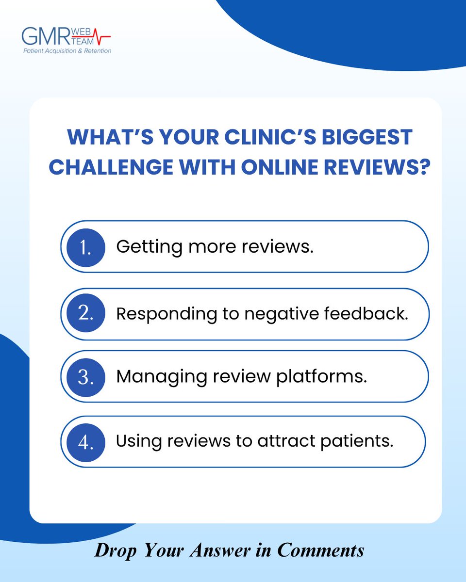 GMRWebTeam's tweet image. Online #reviews can make or break a clinic’s reputation. We want to hear from you, what’s your clinic’s biggest challenge with managing reviews?

Vote and share your thoughts in the comments!

#HealthcareMarketing #ReputationManagement #PatientTrust #GMRWebTeam #PatientExperience