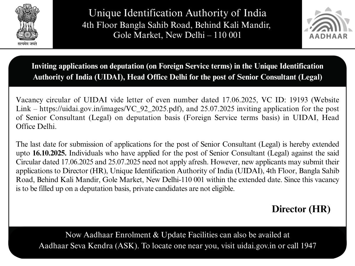 UIDAI's tweet image. #UIDAI invites applications for the post of Senior Consultant (Legal) on deputation basis (on Foreign Service terms) at its Head Office, Delhi.
Please read the instructions carefully before applying. For more details, visit: uidai.gov.in/images/VC_92_2…
The last date to apply is…