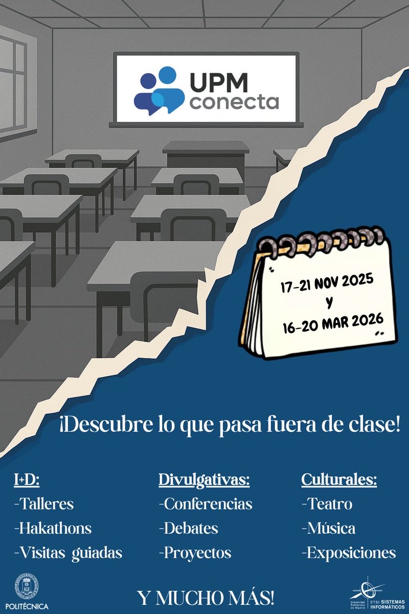 ¿Sabes lo que es la Semana UPM Conecta? 🤔

Una semana sin clases, ¡pero no de vacaciones! 💡

Ven a la ETSISI a disfrutar de talleres, charlas, hackathones y mucho más.

Pronto te contaremos más información!!

Porque la universidad también se vive fuera del aula💙✨

#somosUPM