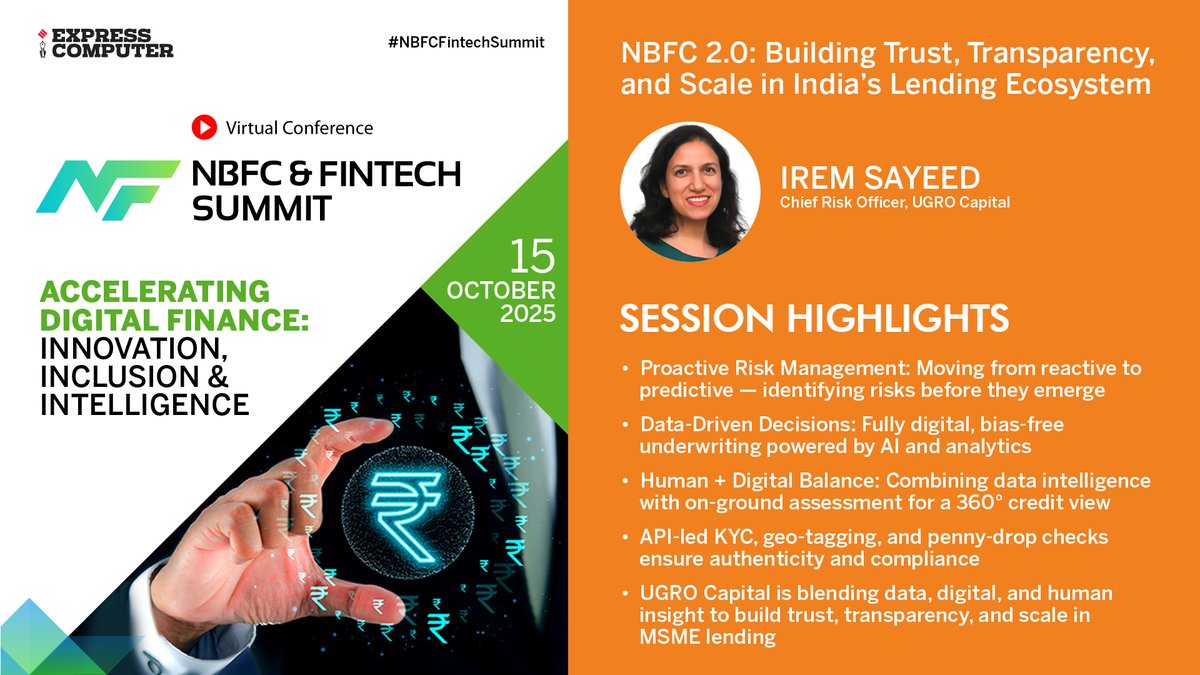 ExpComputer's tweet image. Session Highlights: Irem Sayeed, Chief Risk Officer, @UGROCapital at the #NBFCFintechSummit 2025 | #VirtualConference | 15th October 2025.

Topic: NBFC 2.0: Building Trust, Transparency, and Scale in India’s Lending Ecosystem

[1] Proactive Risk Management: Moving from reactive…