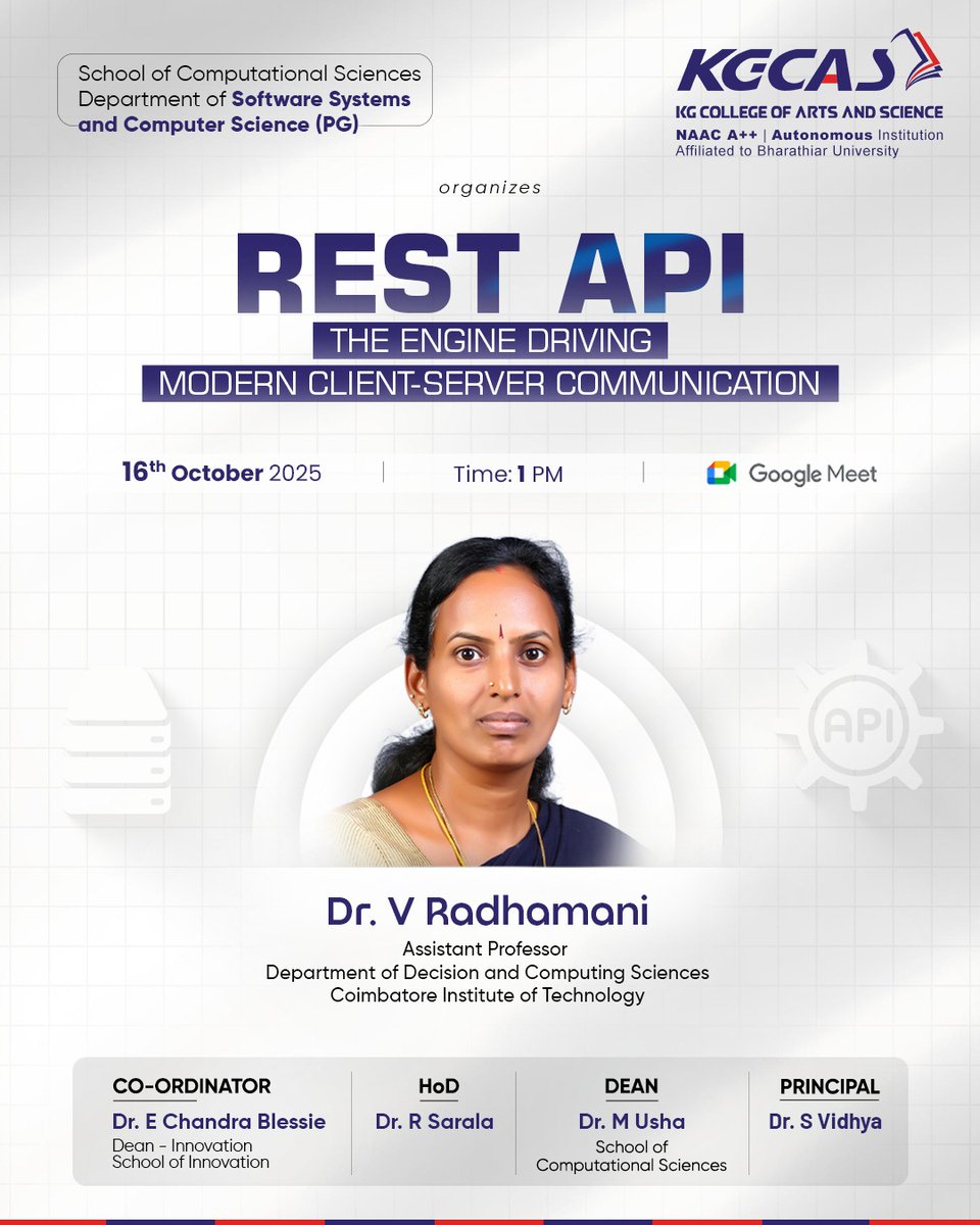 kgcascollege's tweet image. The Department of Software Systems and Computer Science (PG) at KGCAS's School of Computational Sciences organizes an insightful seminar on REST API—The Engine Driving Modern Client-Server Communication.
#KGCAS #RESTAPI #SoftwareEngineering #TechEducation #WebDevelopment