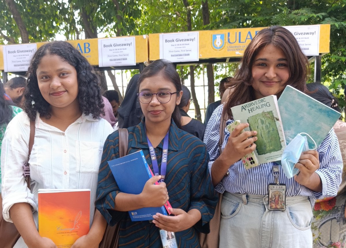 LibraryULAB's tweet image. ULAB library organized a book giveaway program to distribute books among ULABians as complimentary. Books of CSE and EEE were provided among ULABians on the day three (October 15, 2025).