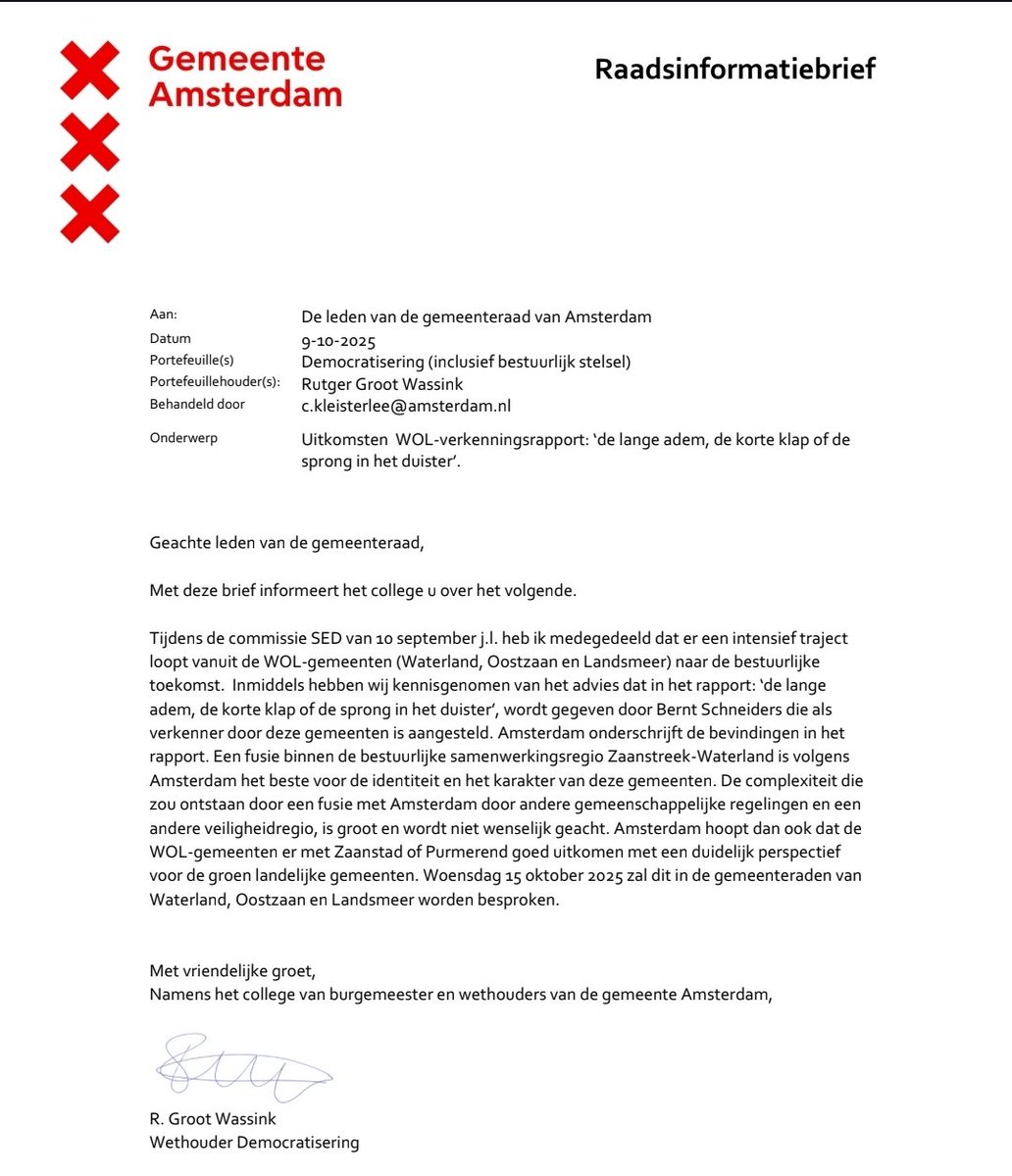 Amsterdam zegt feitelijk nee tegen fusie met WOL-gemeenten. 

"Amsterdam hoopt dan ook dat de WOL-gemeenten er met Zaanstad of Purmerend goed uitkomen met een duidelijk perspectief voor de groen landelijke gemeenten."