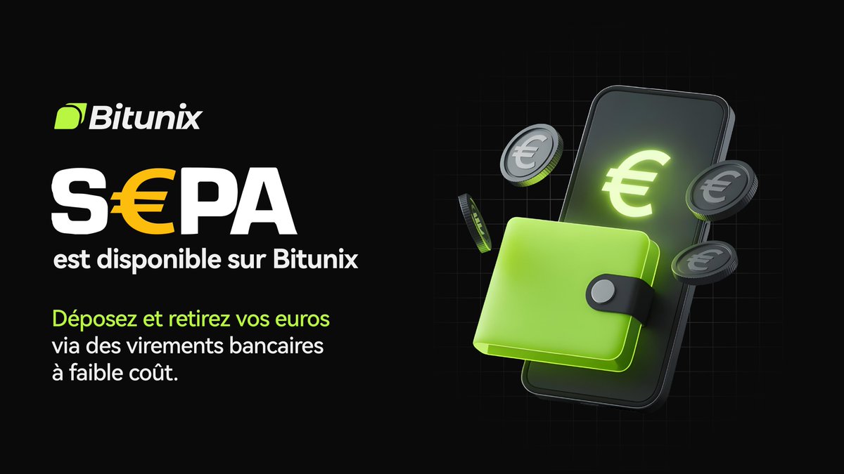BitunixFR's tweet image. 🚀 SEPA est désormais disponible sur Bitunix !
Déposez et retirez vos euros facilement grâce à des virements bancaires à faible coût. 💶
Commencez ici 👉
short.bitunixads.com/7hmaluzy