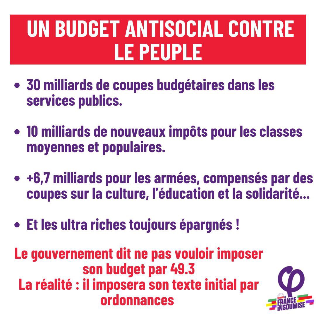 🔴 Un budget de guerre sociale : 
• 30 milliards d’euros de coupes budgétaires dans les services publics
• 10 milliards de nouveaux impôts déguisés pour les classes moyennes et populaires
• Pas de taxe Zucman, les ultras riches toujours choyés 

Le budget Lecornu–Bayrou–Macron