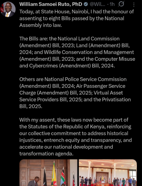 8 Bills. 1 Morning. Many Implications.

President Ruto has assented to 8 laws today:
• Land &amp; NLC Amendments
• Wildlife Amendment
• Cybercrimes Amendment
• Police Service Commission
• Air Passenger Charge
• Virtual Assets
• Privatisation

They touch everything-privacy,
