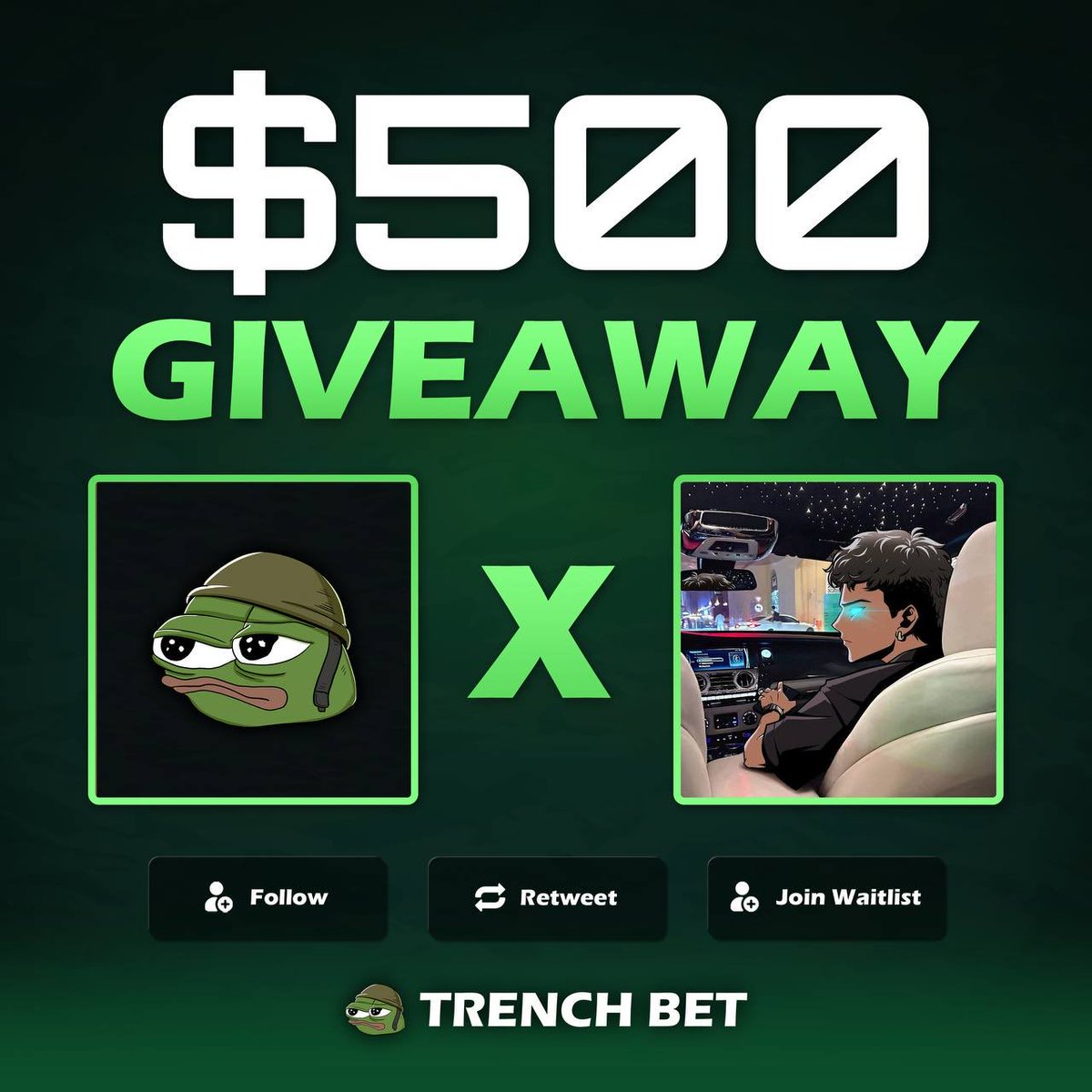 $500 Giveaway (5 winners) 

Follow <a href="/trenchbet/">TRENCH BET</a> and <a href="/wulfcryptox/">Wulf 🐺</a> 
Like &amp; RT 
Sign up: trenchbet.com/r/wulf

Make sure to drop SOL wallet and proof👇 (winners in 7 days)