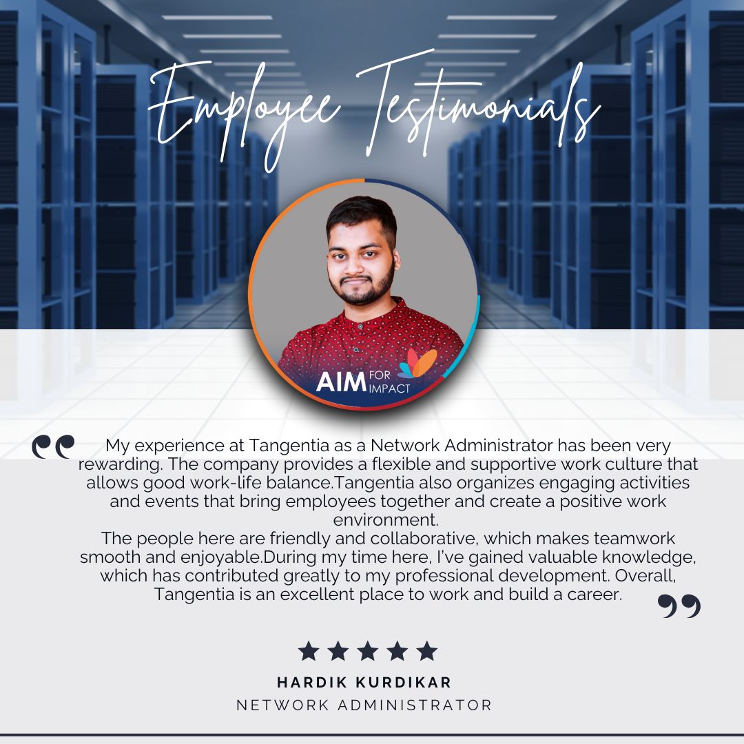 At #Tangentia, collaboration, growth, and work-life balance go hand in hand.

Here’s what Hardik, our Network Administrator, says about his journey with us.

Join #TeamTangentia the #autonomous future 👉 tangentia.com/careers

#LifeAtTangentia #EmployeeSpotlight  #AIMForImpact
