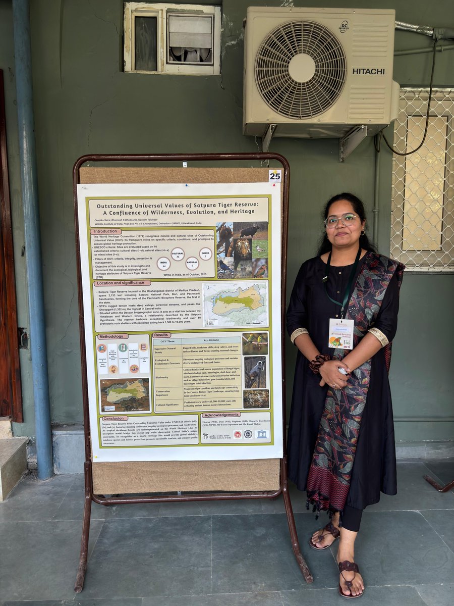 Poster Presentation by Deepika Saire : Outstanding Universal Values of Satpura Tiger Reserve,  Madhya Pradesh.

Satpura Tiger Reserve, MP, showcases dramatic landscapes, rich biodiversity &amp; prehistoric rock art. A living corridor of ecological &amp; cultural heritage, highlighting