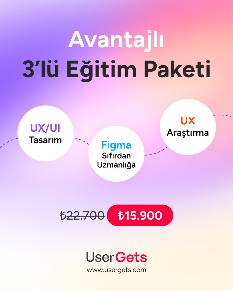 UserGetstr's tweet image. Tasarım dünyasında uzmanlaşmak artık çok daha ulaşılabilir.

UserGets Eğitim Paketleri ile kapsamlı bir öğrenme yolculuğunu avantajlı fiyatlarla deneyimle!

🎯 3’lü Eğitim Paketi:
UX Araştırma + Sıfırdan Uzmanlığa Figma + UX/UI Tasarım
22.700 TL yerine 15.900 TL
💳 Vade farksız 3…