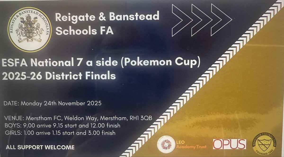 🏆ESFA 7 a side POKÉMON DISTRICT ROUND 🏆

In partnership with <a href="/MersthamFC1892/">Merstham FC (Official)</a> we are exciting to be hosting our 3rd National competition.

Entries are now OPEN 👇🏻👇🏻👇🏻

docs.google.com/forms/d/e/1FAI…

<a href="/EnglandFootball/">England Football</a>