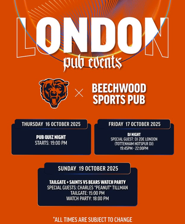 tweetsfromben's tweet image. 🚨 FAO Bears fans in the UK

Some fun activities this week in London