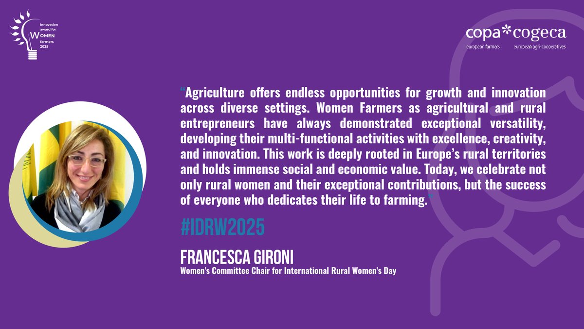 👩‍🌾👑🚜 It's #InternationalRuralWomenDay!
Here at Copa Cogeca, we celebrate the invaluable contributions of rural women — farmers, innovators and leaders — who sustain our food systems and communities every day, particularly through our Women's Innovation Award.
Their resilience