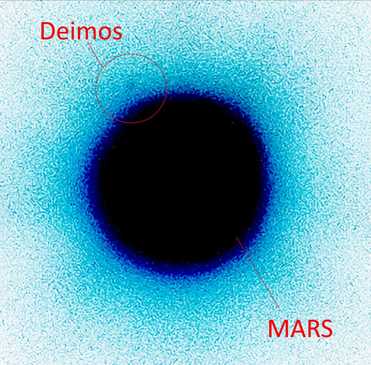 xipteras's tweet image. Back in 2020, I had the pleasure of photographing Deimos, one of the moons of Mars, from my home in Germany. #Deimos #Mars #planets 
—
Setup &amp;amp; data:
11.10.2020, 22:09 MEST, Takahashi TOA-130NFB telescope, Fujifilm X-Pro2 camera, Fujinon 2x converter at 2500mm at f/15.4, ISO8000,…