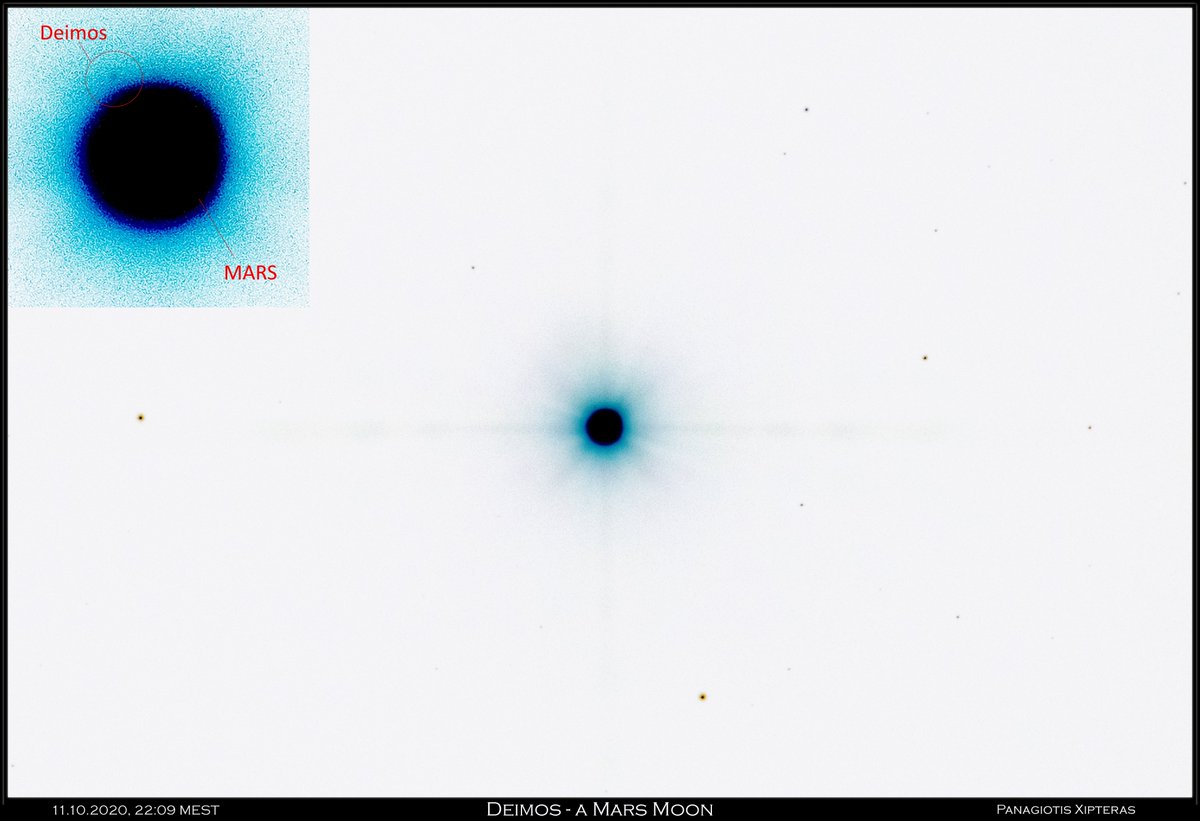 xipteras's tweet image. Back in 2020, I had the pleasure of photographing Deimos, one of the moons of Mars, from my home in Germany. #Deimos #Mars #planets 
—
Setup &amp;amp; data:
11.10.2020, 22:09 MEST, Takahashi TOA-130NFB telescope, Fujifilm X-Pro2 camera, Fujinon 2x converter at 2500mm at f/15.4, ISO8000,…