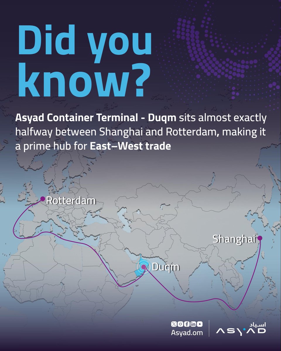 محطة أسياد للحاويات في ميناء الدقم تمثل محورًا لوجستيًا عالميًا يربط بين أسواق الشرق والغرب، ويعزز موقع سلطنة عُمان كمركز إقليمي للتجارة والنقل، بفضل موقعها الاستراتيجي عند تقاطع أهم الممرات التجارية العالمية وفي قلب المنطقة الاقتصادية الخاصة بالدقم.

Asyad Container Terminal -