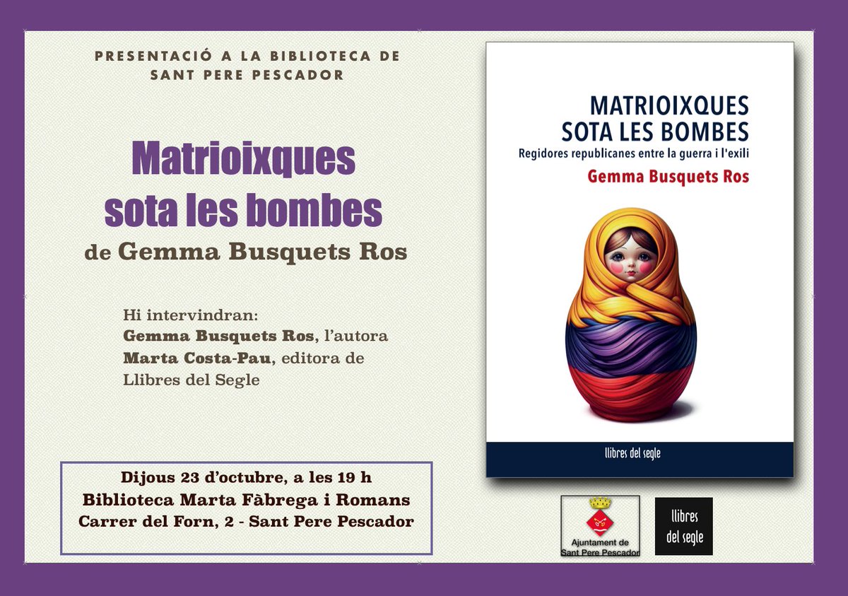 📚 Dijous 23 — Presentació del llibre "Matrioixques sota les bombes" amb Gemma Busquets a la biblioteca.

Un viatge per la nostra memòria històrica! No t'ho perdis