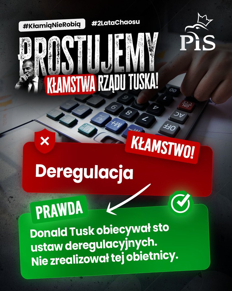 📢PROSTUJEMY KŁAMSTWA RZĄDU TUSKA!
Donald Tusk obiecywał 100 ustaw deregulacyjnych. 
Dwa lata minęły i… NIC.
❌Obietnice bez pokrycia, zero efektów.
#KłamiąNieRobią #2LataChaosu