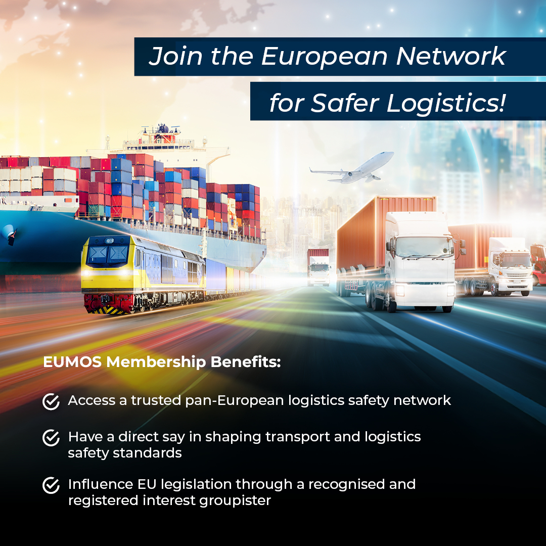 Improve transport safety with EUMOS! Network, shape standards, contribute to EU legislation, and show your commitment with the EUMOS logo.

#EUMOS #LogisticsSafety #SupplyChain #SafeLogistics