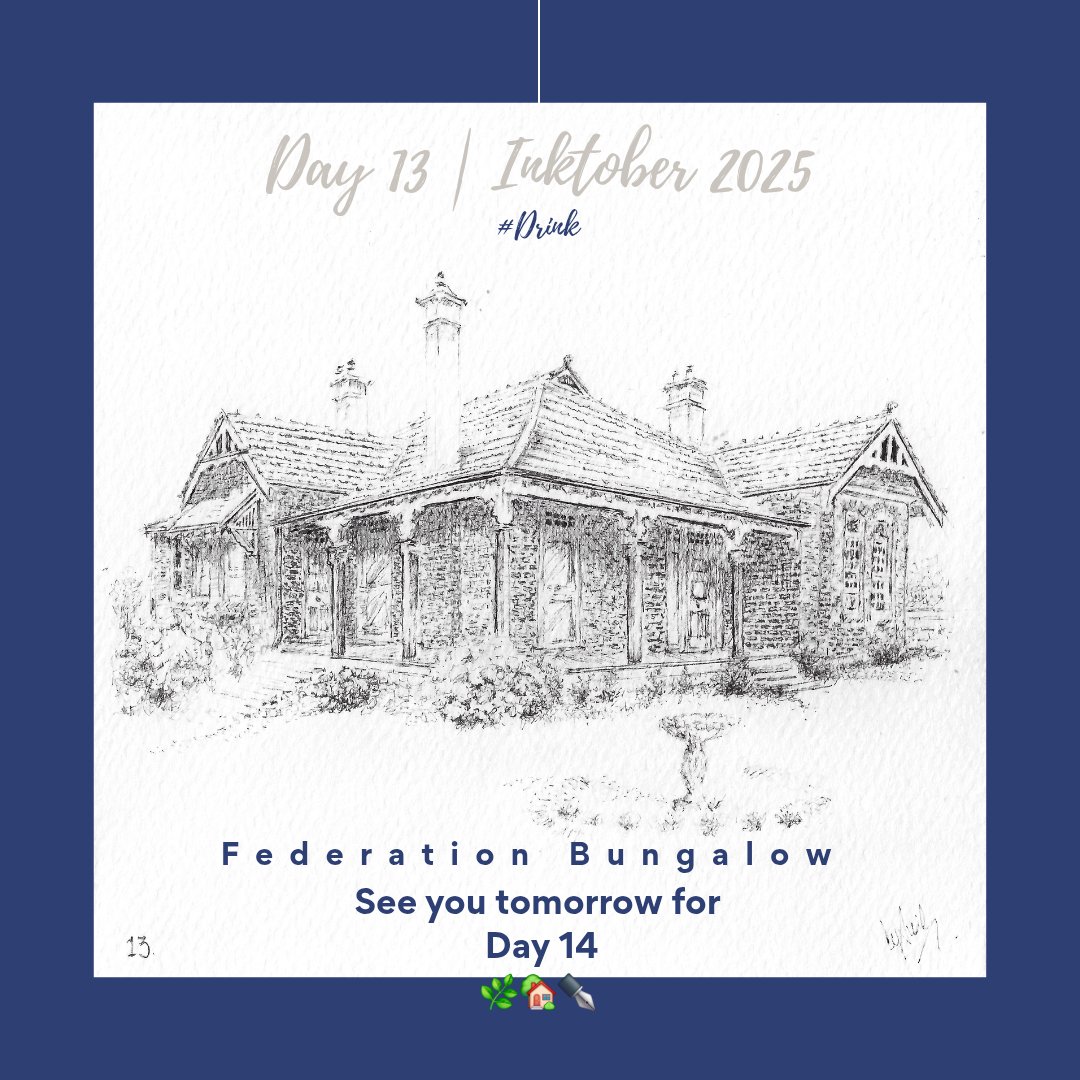 by_suse's tweet photo. Day 13 · Federation Bungalow ✒️
Prompt: #Drink
Verandahs, pitchers, passing stories — a house fluent in hospitality. #Inktober #PenAndInk #FederationBungalow https://t.co/23MKGxDlnx
