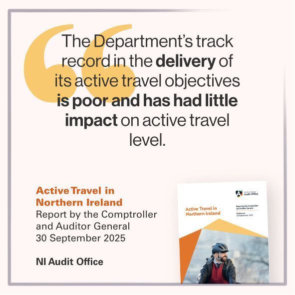 “The Department’s track record in the delivery of its active travel objectives is poor and has had little impact on active travel level.”

<a href="/NIAuditOffice/">NI Audit Office</a>, Sept. 2025 on <a href="/deptinfra/">Department for Infrastructure</a>’s active travel delivery.
 
niauditoffice.gov.uk/publications/a…