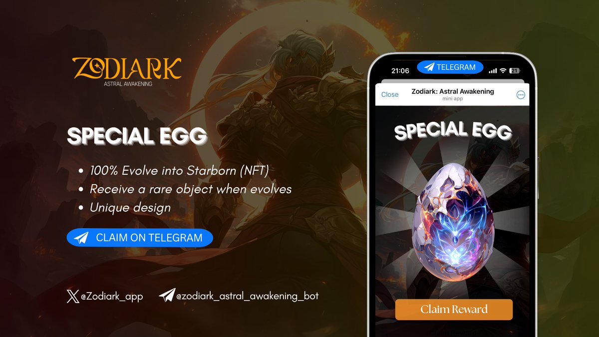 🧙‍♀️What are The Special Egg?

✴️ 100% guaranteed evolution into a Starborn — a tradable NFT
✴️ Chance to receive a rare object when evolving
✴️ Unique design &amp; higher rarity tier
✴️ Earned through Early Bird Drop event - Limited supply

👀Test your luck: t.me/zodiark_astral…