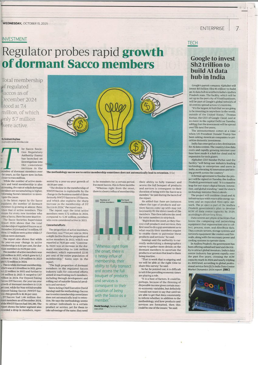 In today’s Standard Newspaper (Investment segment):
<a href="/SASRA_ke/">The SACCO Regulator</a>  has launched an investigation into the rising number of dormant SACCO members. The initiative aims to uncover the underlying causes and enhance member engagement and sustainability within the SACCO sector.

Download
